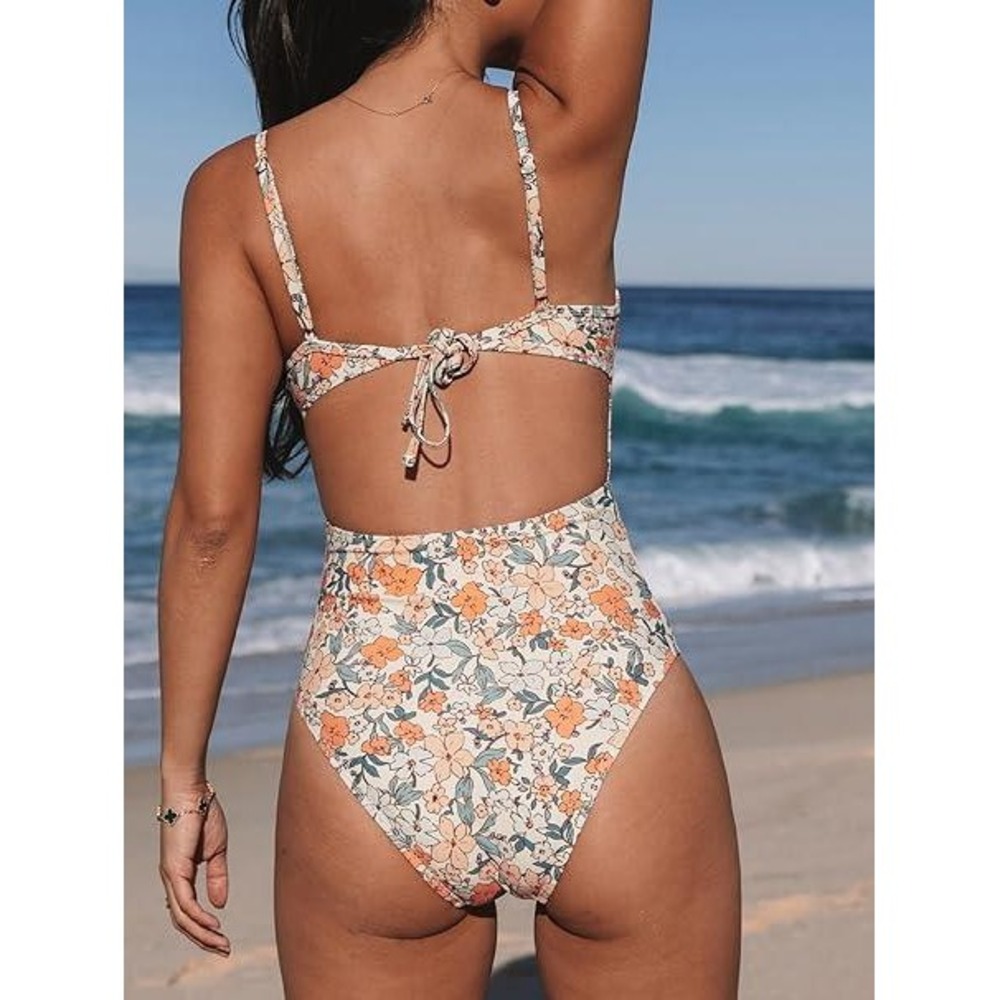 Cupshe Womens Floral Cutout One Piece Swimsuit Yellow Blue Size L New NWT - Picture 2 of 11